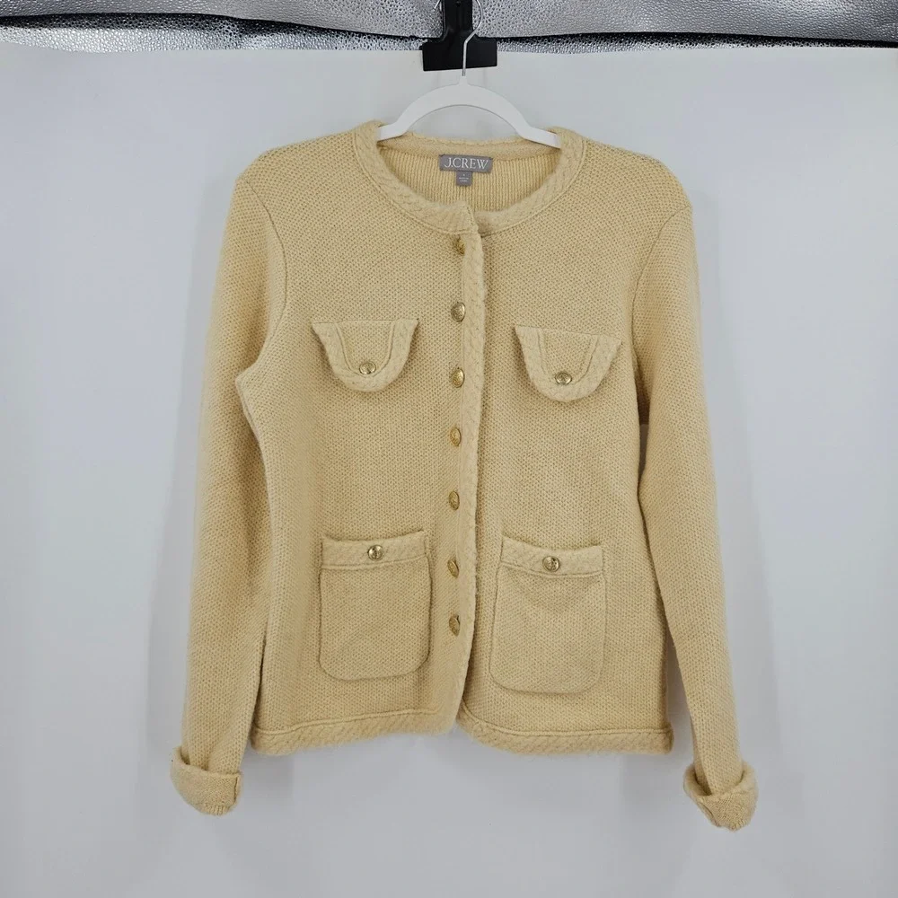 J. Crew Textured Sweater Lady Jacket Cream Gold Buttons Wool Alpaca Preppy S